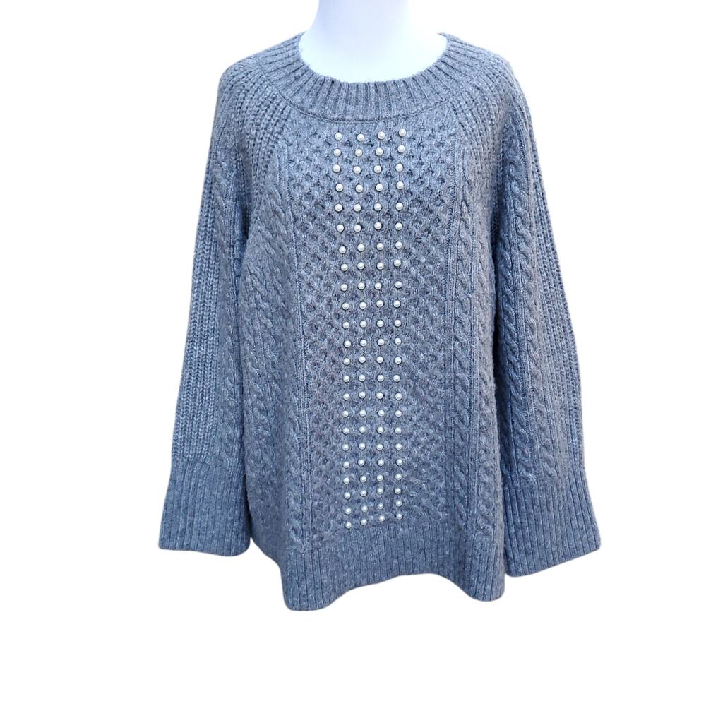 Soft Surroundings Noemi Gray Cable Knit Sweater With Faux Pearl Detail Sz XL